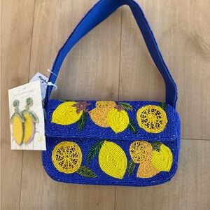 America and Beyond Lemon Blue and Yellow Beaded Women's Bag & earrings